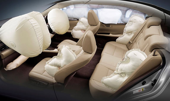 The inside of a vehicle with blown up airbags