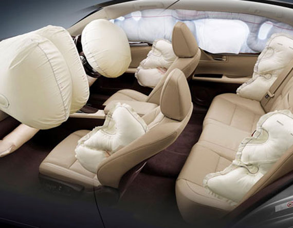 The interior of a vehicle with blown up airbags