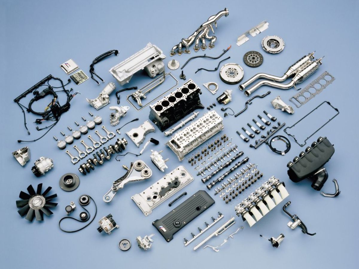 All of the individual parts of an engine laid out