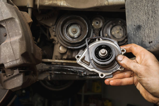 An automotive technician holding a water pump