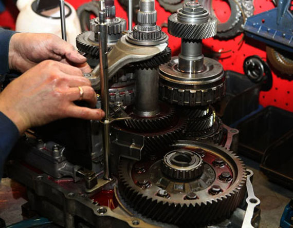 A transmission being repaired